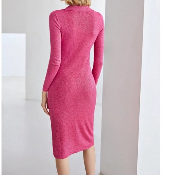 pink sparkle knit bow button detail split hem dress - Picture 9 of 10
